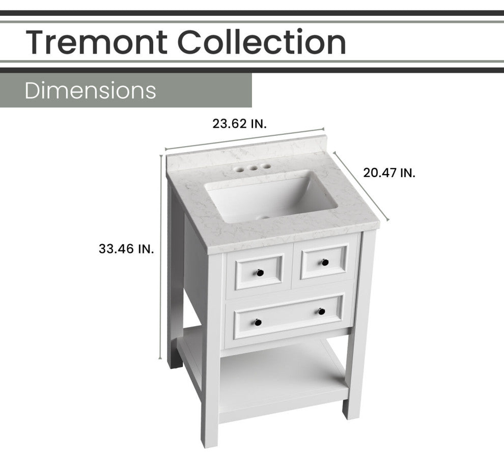 Tremont 24" Bathroom Vanity, Sink, Top, 1 Drawer, Bottom Shelf, White