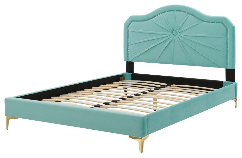 Platform Bed Frame, Full Size, Velvet, Blue, Modern Contemporary, Bedroom Master