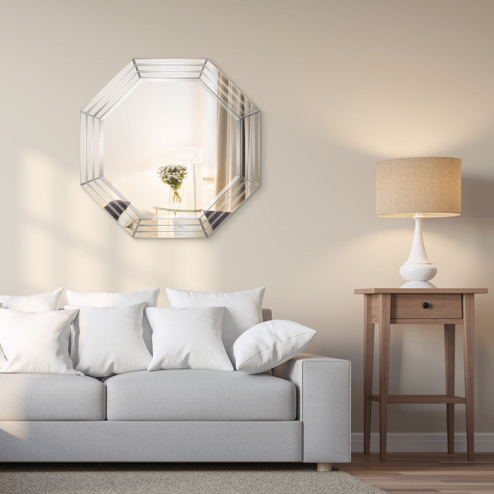 Beveled Multi Faceted Octagons Wall Mirror, 1" Beveled Center, Wood Frame