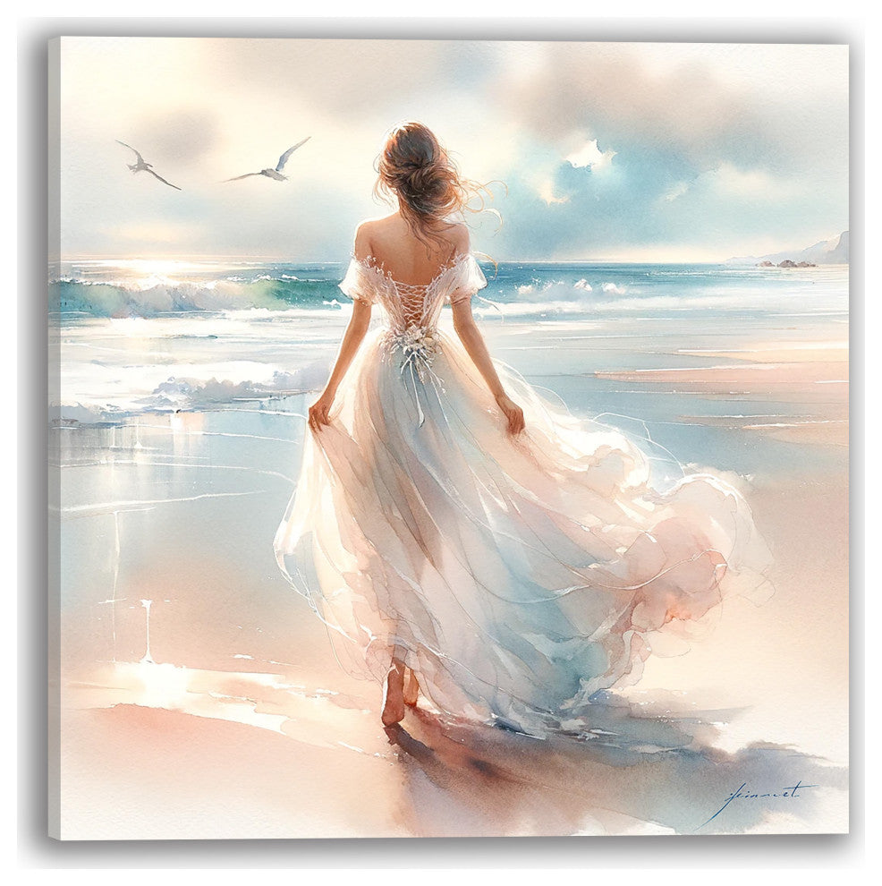 Serenity Shores - Elegant Beachscape with Figure on Wrapped Canvas