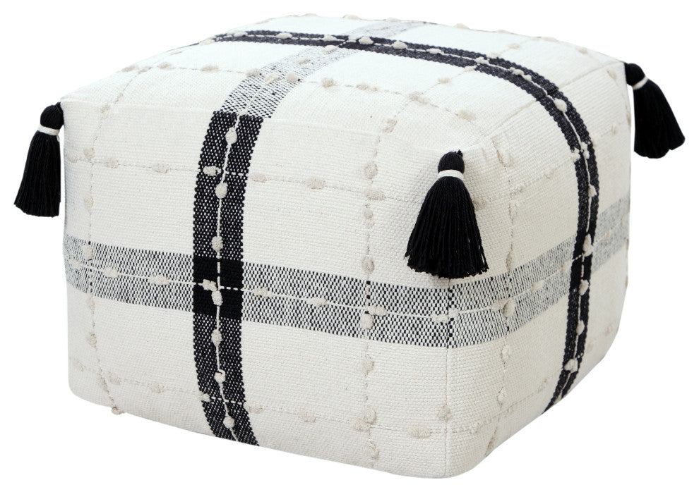 Black and Ivory Modern Textured Plaid Pouf Ottoman