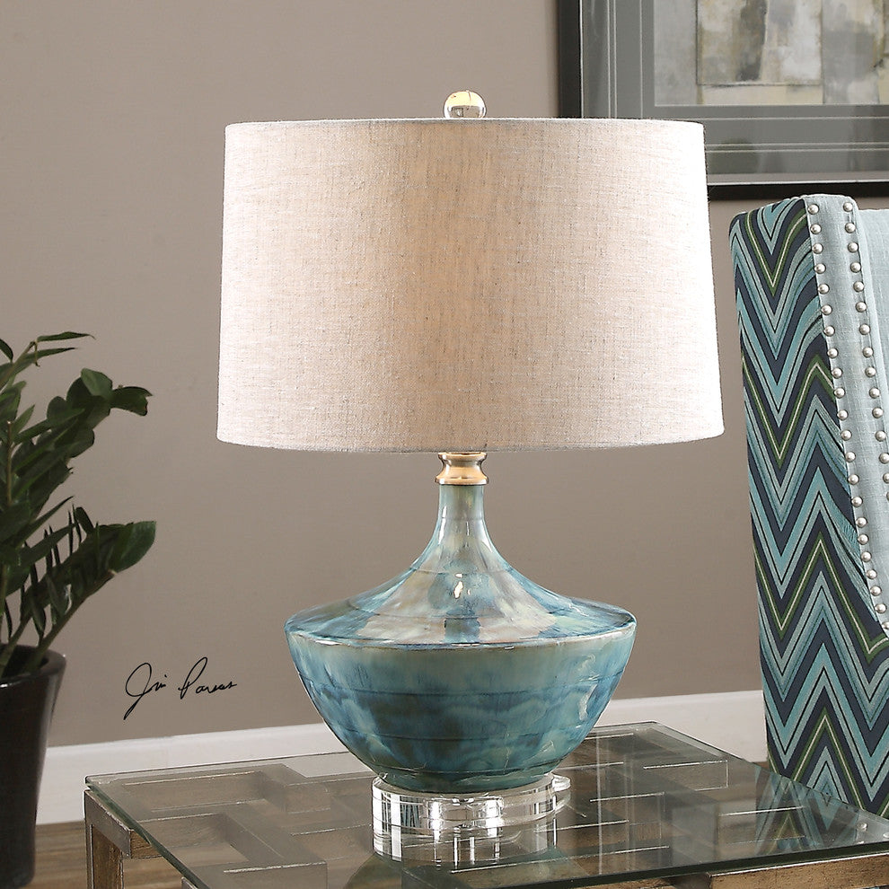 Tie Dyed Blue Ceramic Mid Century Table Lamp, Art Pottery Beige Vintage Style