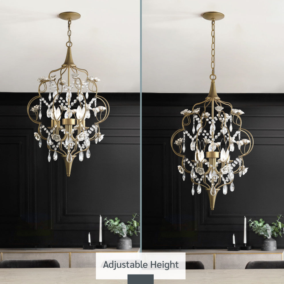Floral 4-Light Chandelier With Cream Ceramic Roses and Acrylic Beads