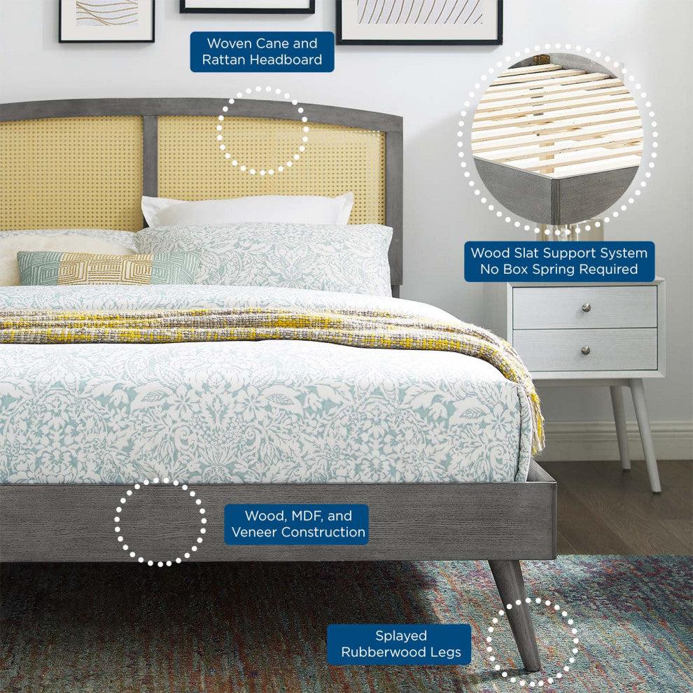 Platform Bed Frame, King Size, Wood, Gray, Modern Mid-Century, Bedroom