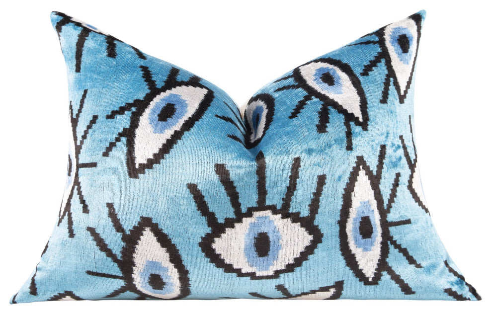 Canvello Velvet Evil Eye Pillow 16x24 Feather Down Insert Vibrant Blue Accent