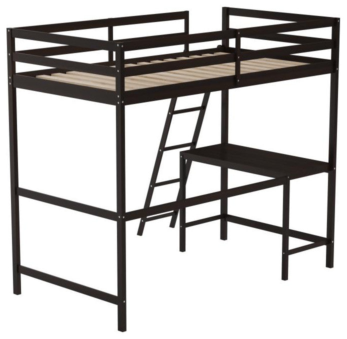 Riley Loft Bed Frame with Desk, Frame, Guard Rails & Ladder for Kids and Teens, Espresso, Twin