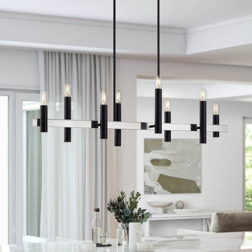 Helsinki 8-Light Black Extra Large Linear Chandelier with Brushed Nickel Accents