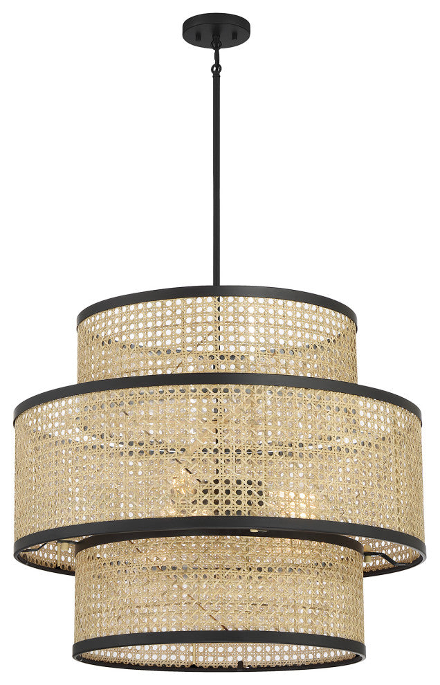 3-Light Pendant, Natural Cane With Matte Black