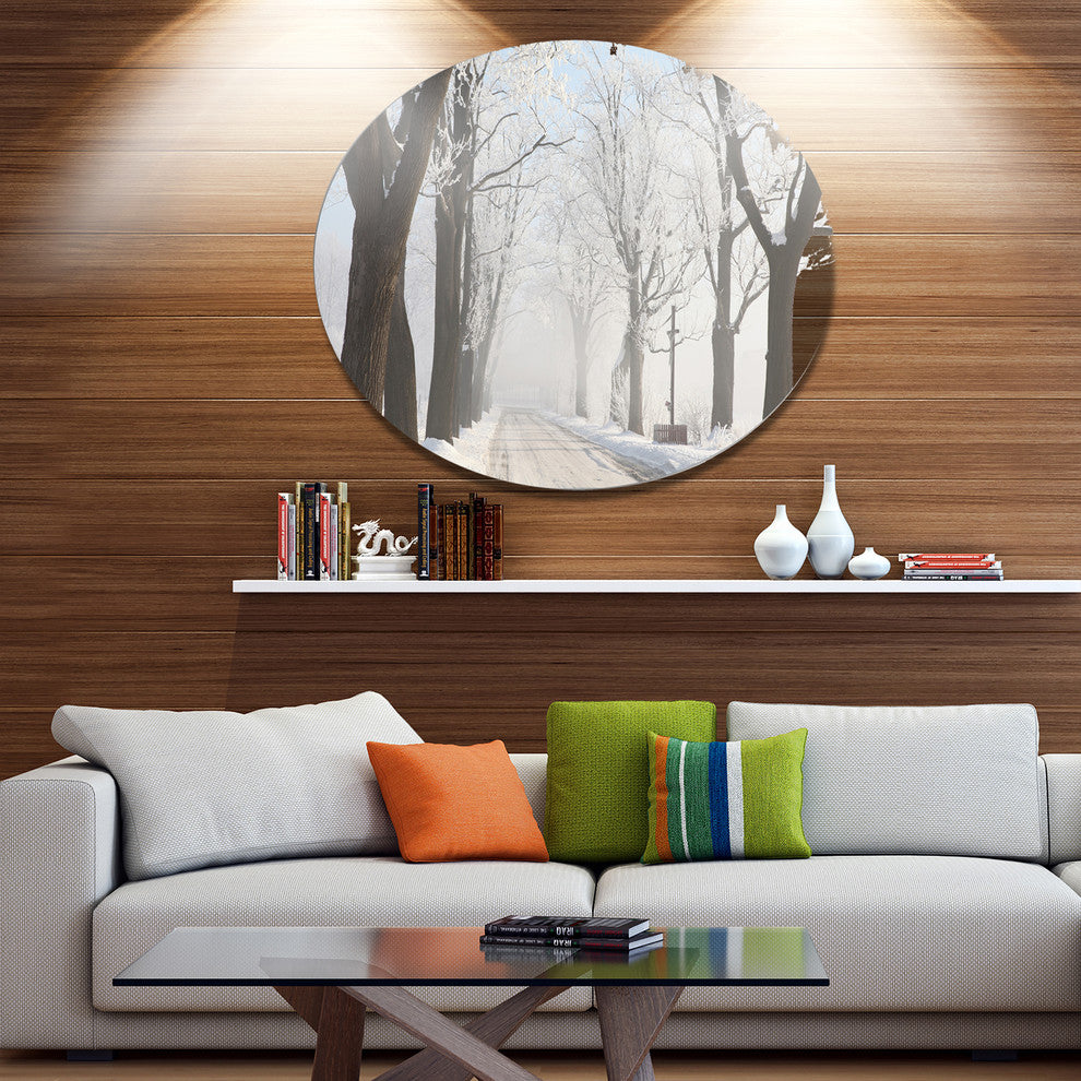 Misty Rural Road In Winter Forest, Forest Disc Metal Wall Art, 11"