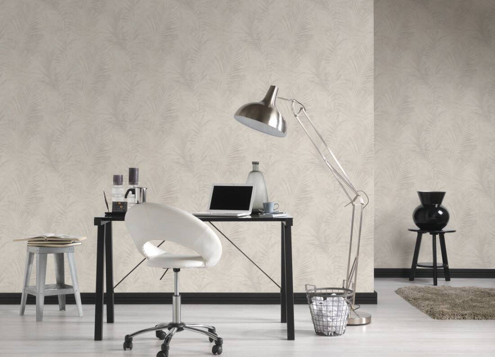 Floral Textured Wallpaper, Palm Tree Leaves, 374113, Beige Cream Gray, 1 Roll