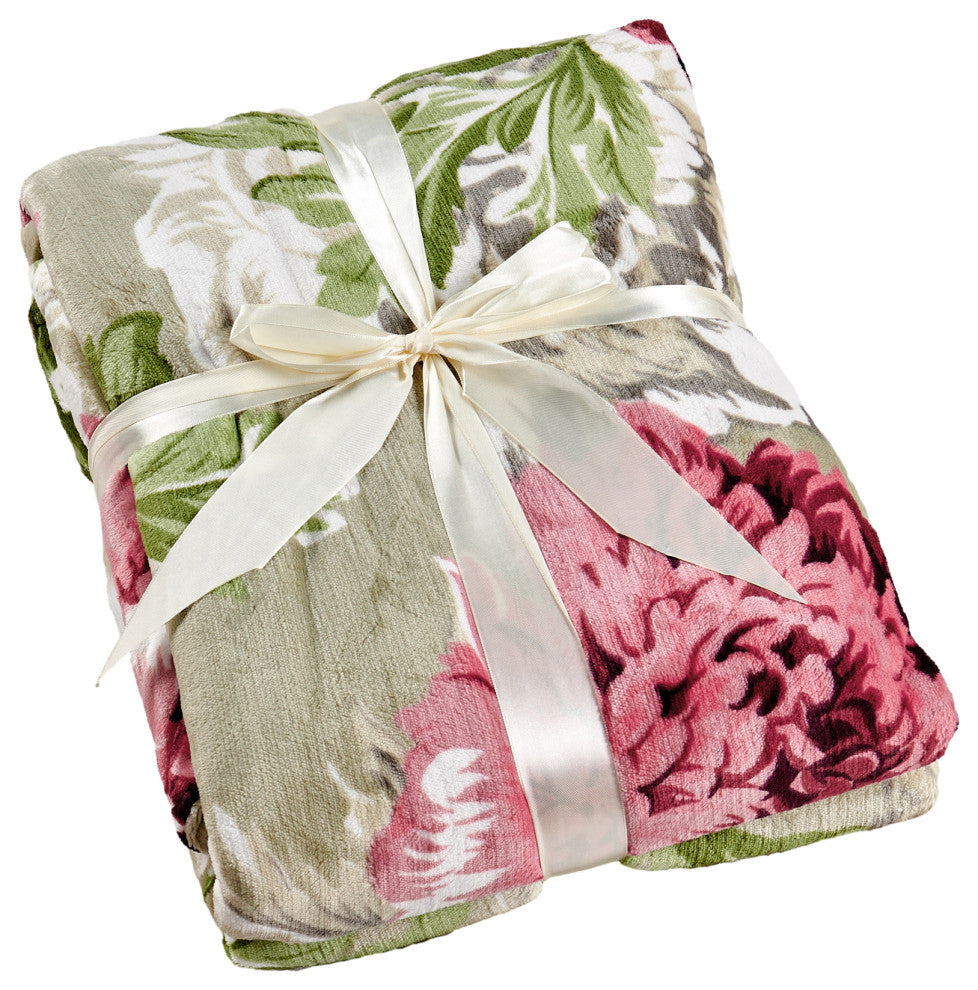 Floral Printed Flannel Throw, Geranium Red