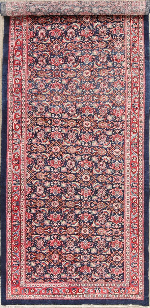 Consigned, Vintage Wool Handmade Persian Oriental Runner Rug, Blue, 13'6"X4'8"