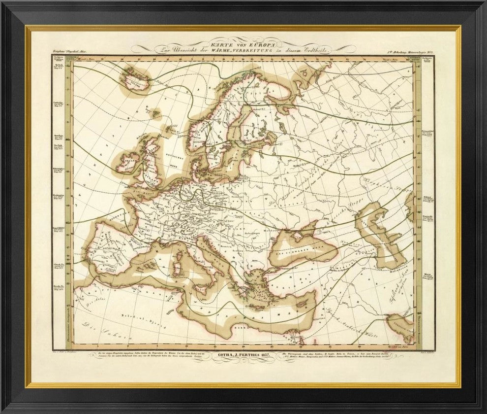 "Karte Von Europa, 1837" Framed Canvas Giclee by Heinrich Berghaus, 34x29"