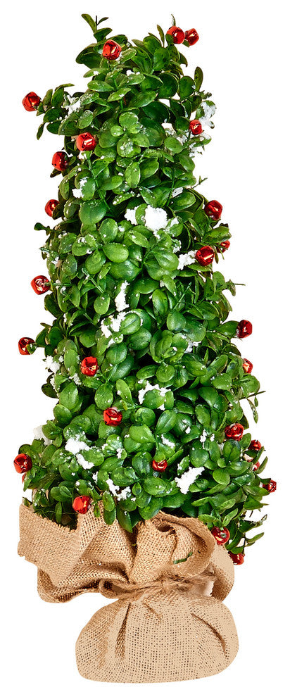 21" Snowy Boxwood and Bell Tree In Burlap Base