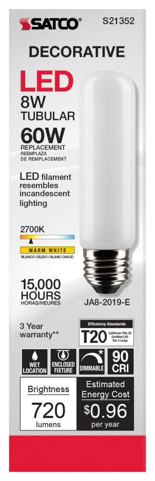 8W T10 LED, Frost, Medium Base, 90 CRI, 2700K, 120V