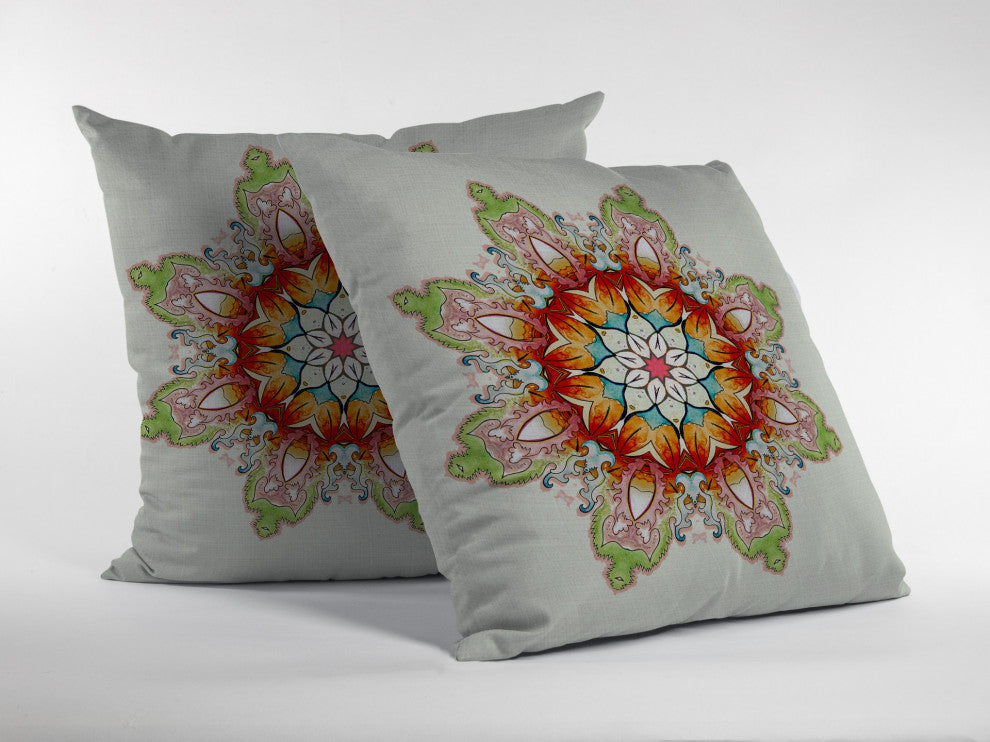 20" Orange Green Mandala Decorative Suede Throw Pillow