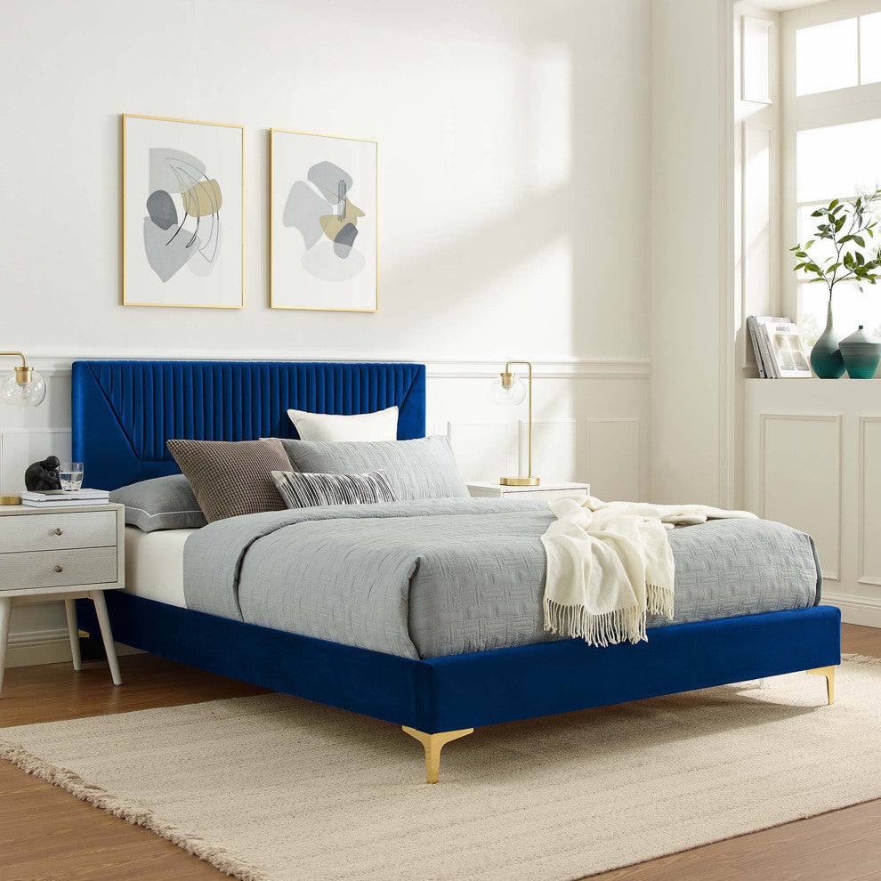 Yasmine Channel Tufted Performance Velvet Twin Platform Bed, Navy