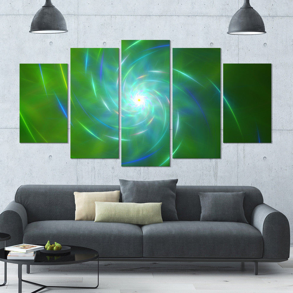 Green Fractal Whirlpool Design, Contemporary Wall Art Canvas, 60"x32", 5 Panels
