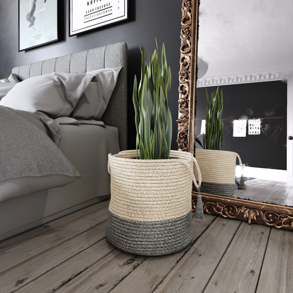 Two-Tone Off-White Jute Decorative Basket With Handles, Frost Gray, 17"