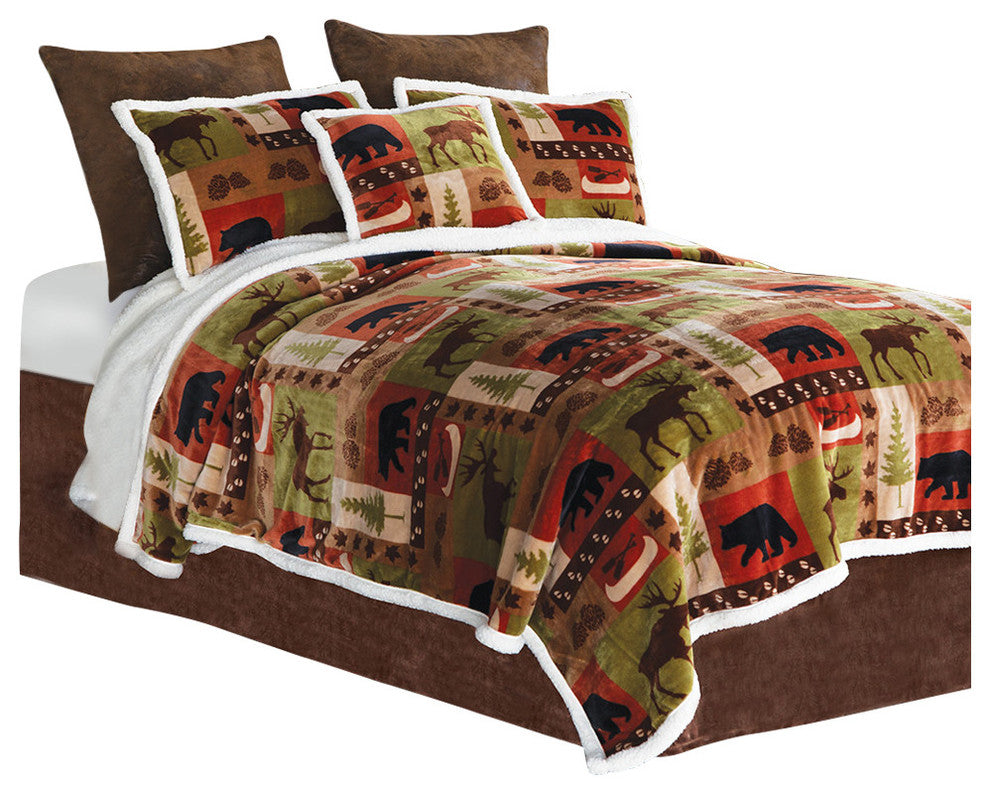 Carstens Patchwork Lodge Rustic Cabin 3-Piece Sherpa Fleece Bedding Set, Twin