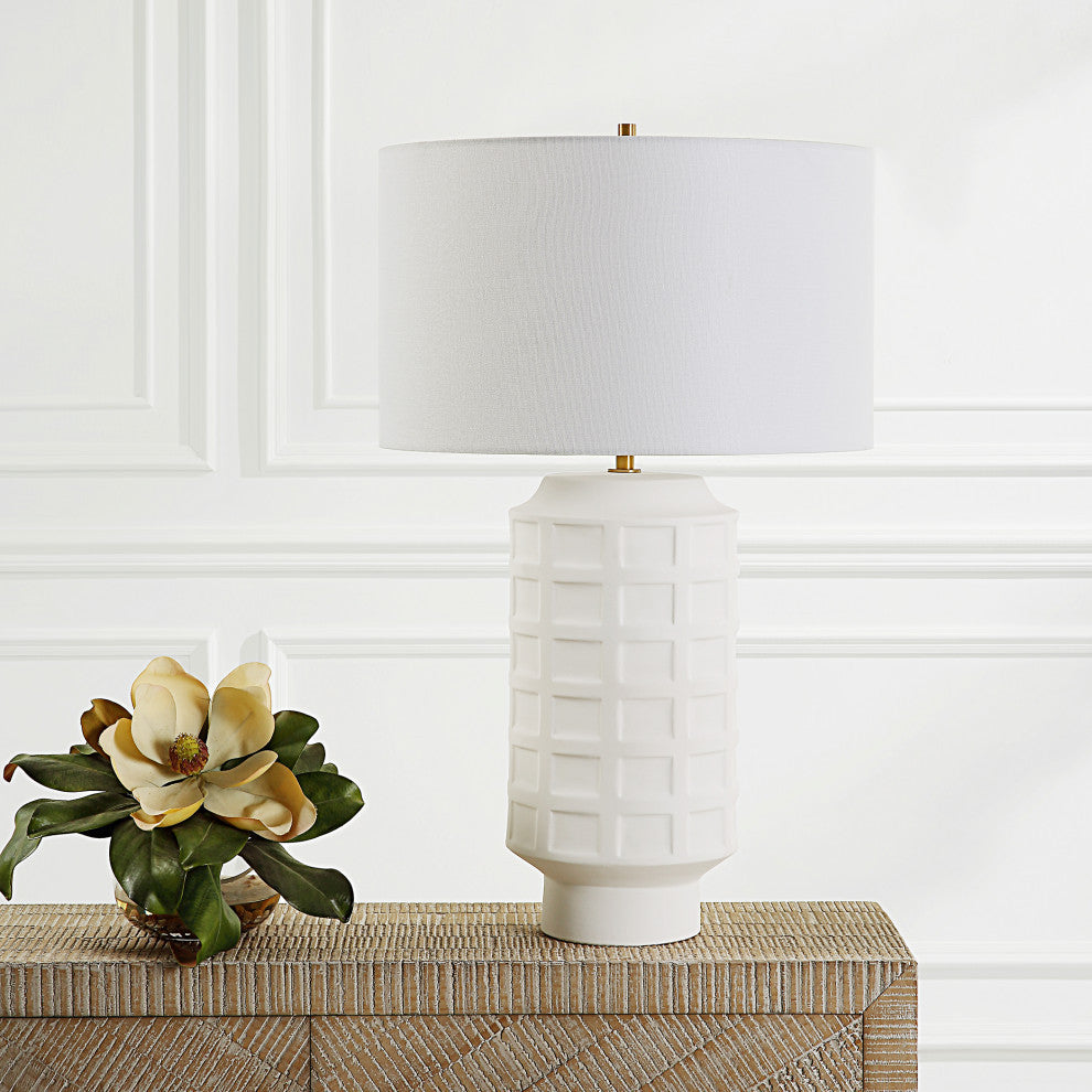 Contemporary Chalk White Ceramic Grid Pattern Table Lamp 28 in Embosse