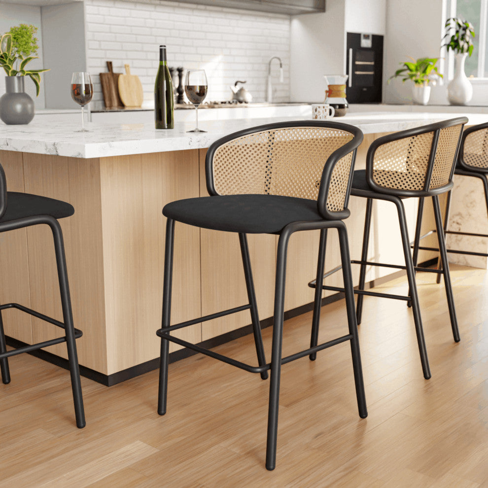 LeisureMod Ervilla Wicker Bar Stool With Black Powder Coated Frame, Black