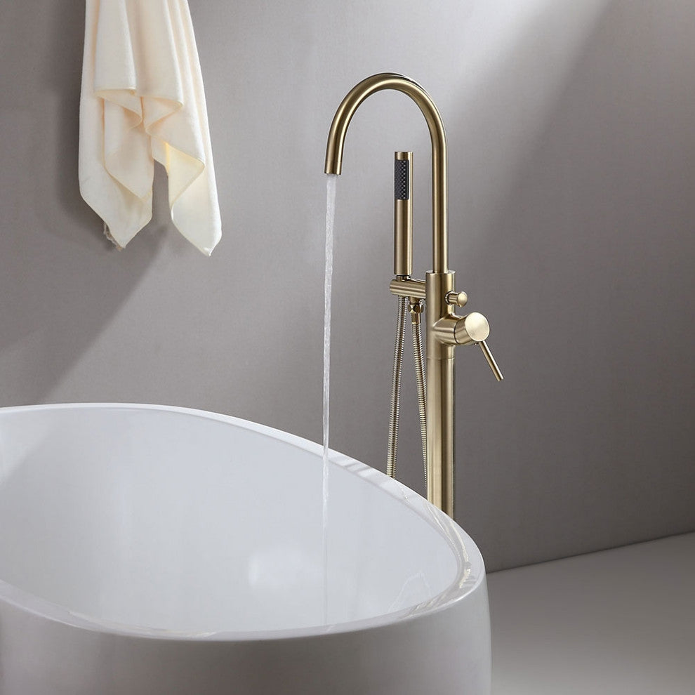 Freestanding Single Handle Tub Filler Faucet with Hand Shower, Brushed Gold