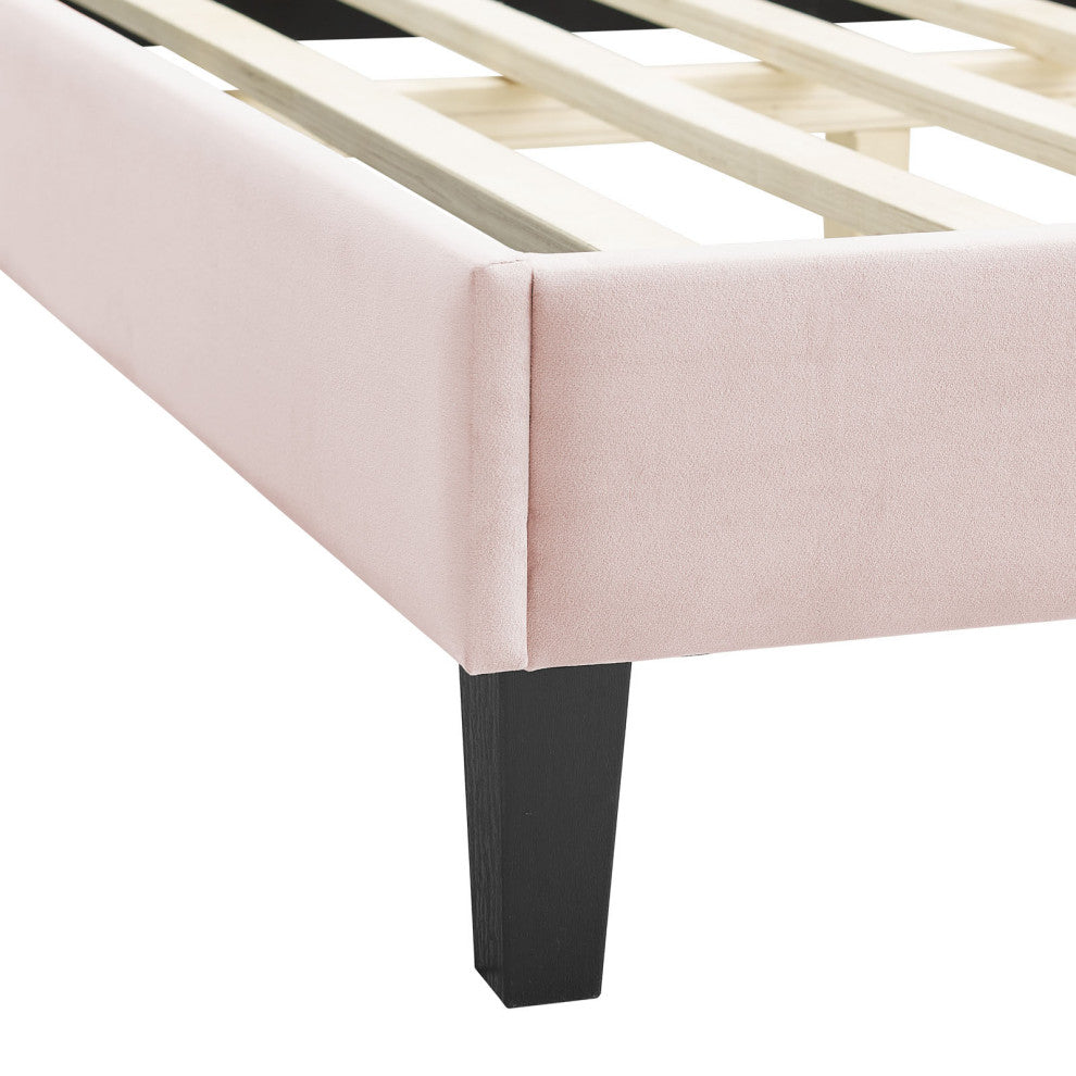 Platform Bed Frame, King Size, Pink, Velvet, Modern, Bedroom Master Guest Suite
