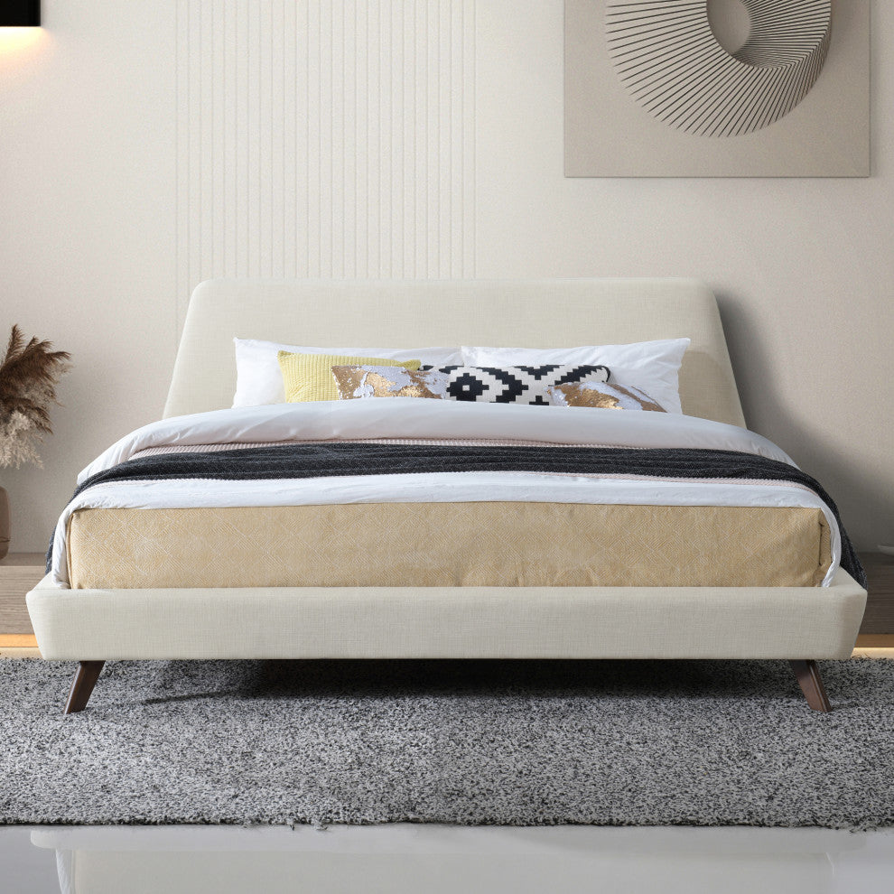 Henry Mid-Century Modern Upholstered Platform Bed, Beige, King