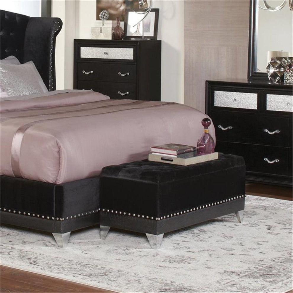 Maklaine Contemporary Velvet Tufted Trunk with Nailhead Trim in Black