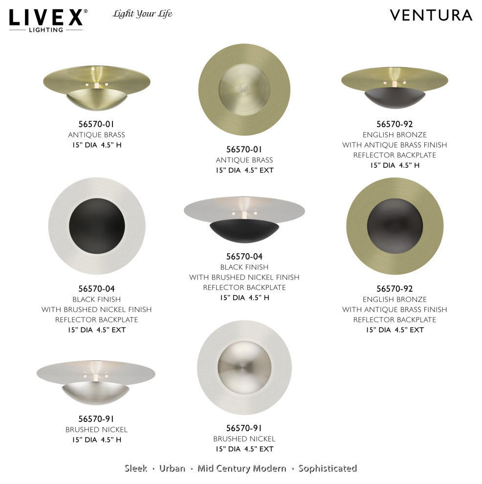 Livex Lighting Ventura 2-Light Large Wall Sconce, Black/Brushed Nickel
