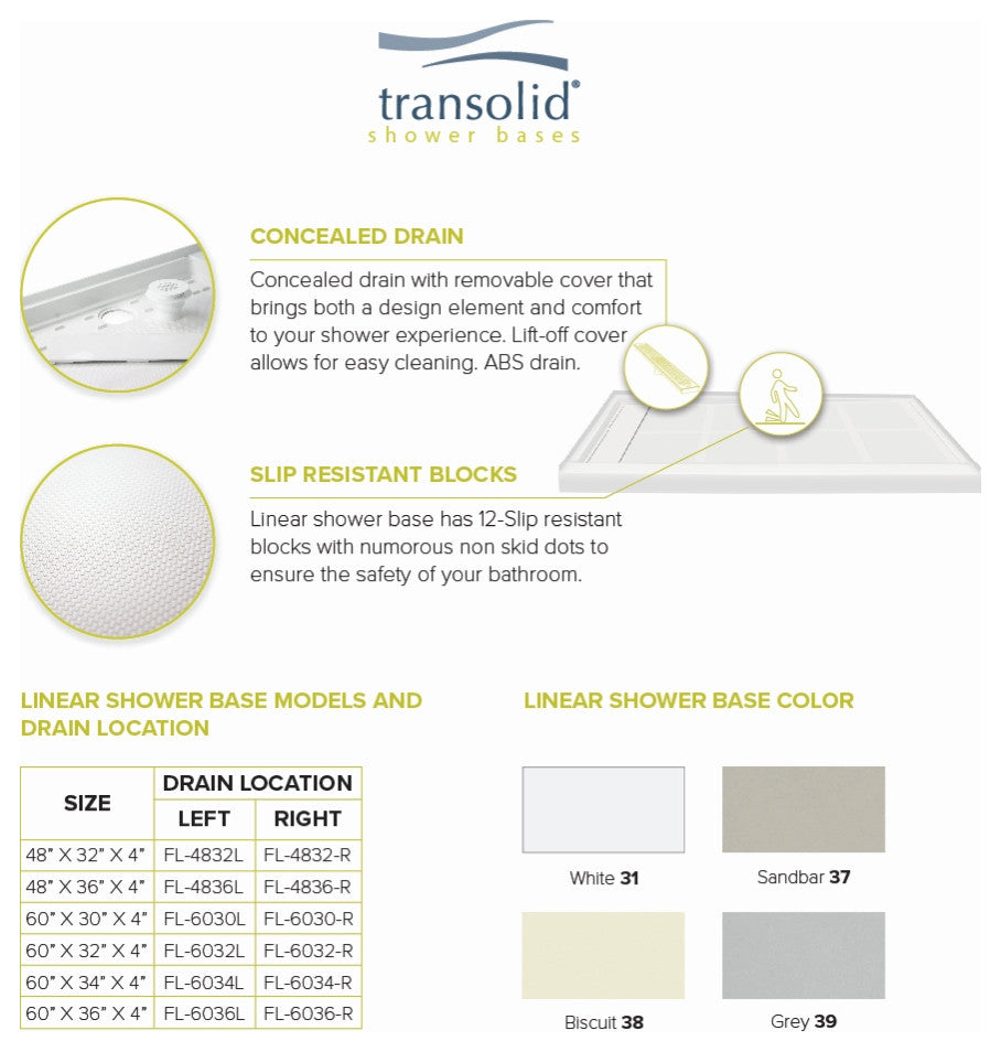Transolid Linear 60"x30" Rectangular Alcove Shower Base with Left Hand Drain, White, Right Hand