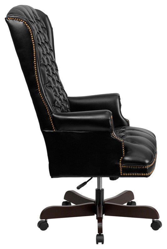 High Back Traditional Tufted Black Leather Executive Swivel Chair With Arms