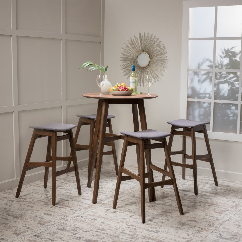 GDF Studio 5-Piece Simi Natural Walnut Finish Circular Bar Height Dining Set, Dark Gray