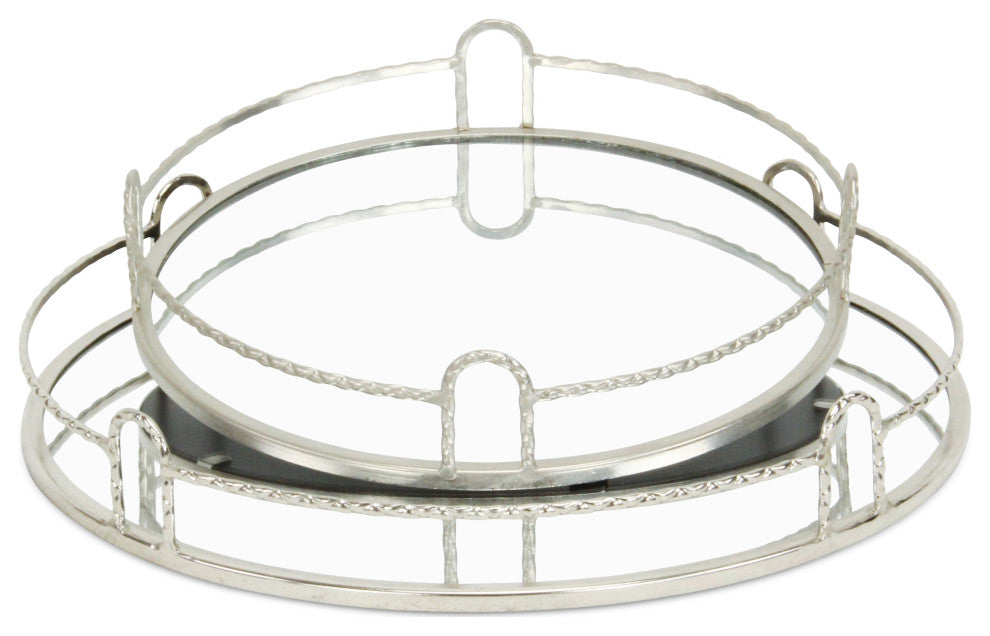 Mianzi Round Quilted Rim Silver Metal Trays (Set of 2)