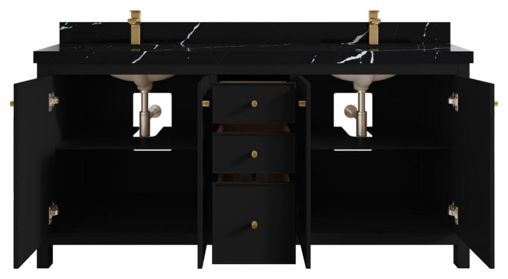 Chicago 72" Double Sink Bathroom Vanity, Black 2" Calacatta Black