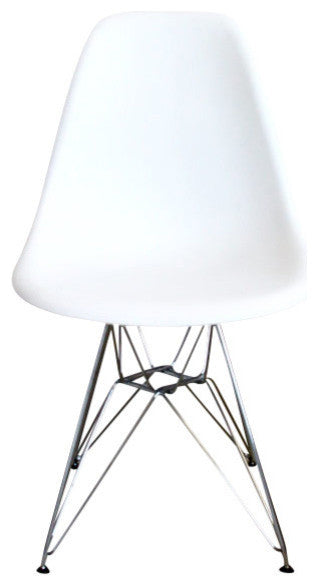 DSR White Mid Century Modern Plastic Dining Shell Chair, Steel Eiffel Legs