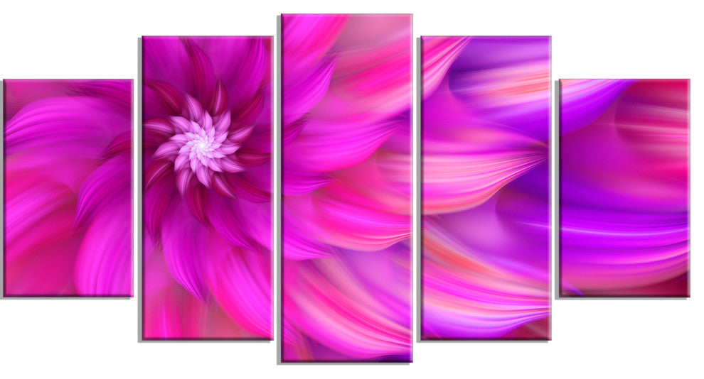 Massive Pink Fractal Flower, Large Floral Canvas Art Print, 60"x32", 5 Panels