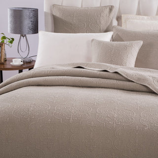 Neutral Beige Sand Dollar Floral Embossed Textured Quilted Bedspread Set, Full