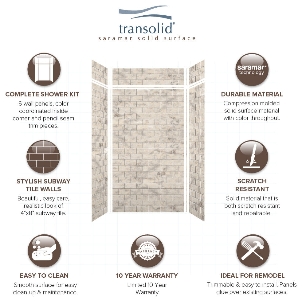 Transolid SaraMar 48"x36"x96" 6-Piece Shower Wall Kit with Extension, Sand Creme