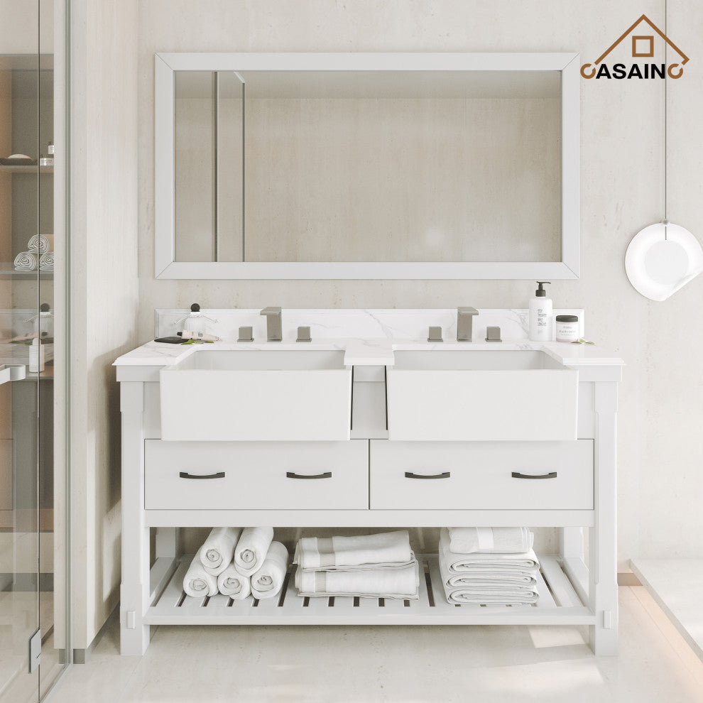 Freestanding Bath Vanity in White with White Quartz Top, 60in