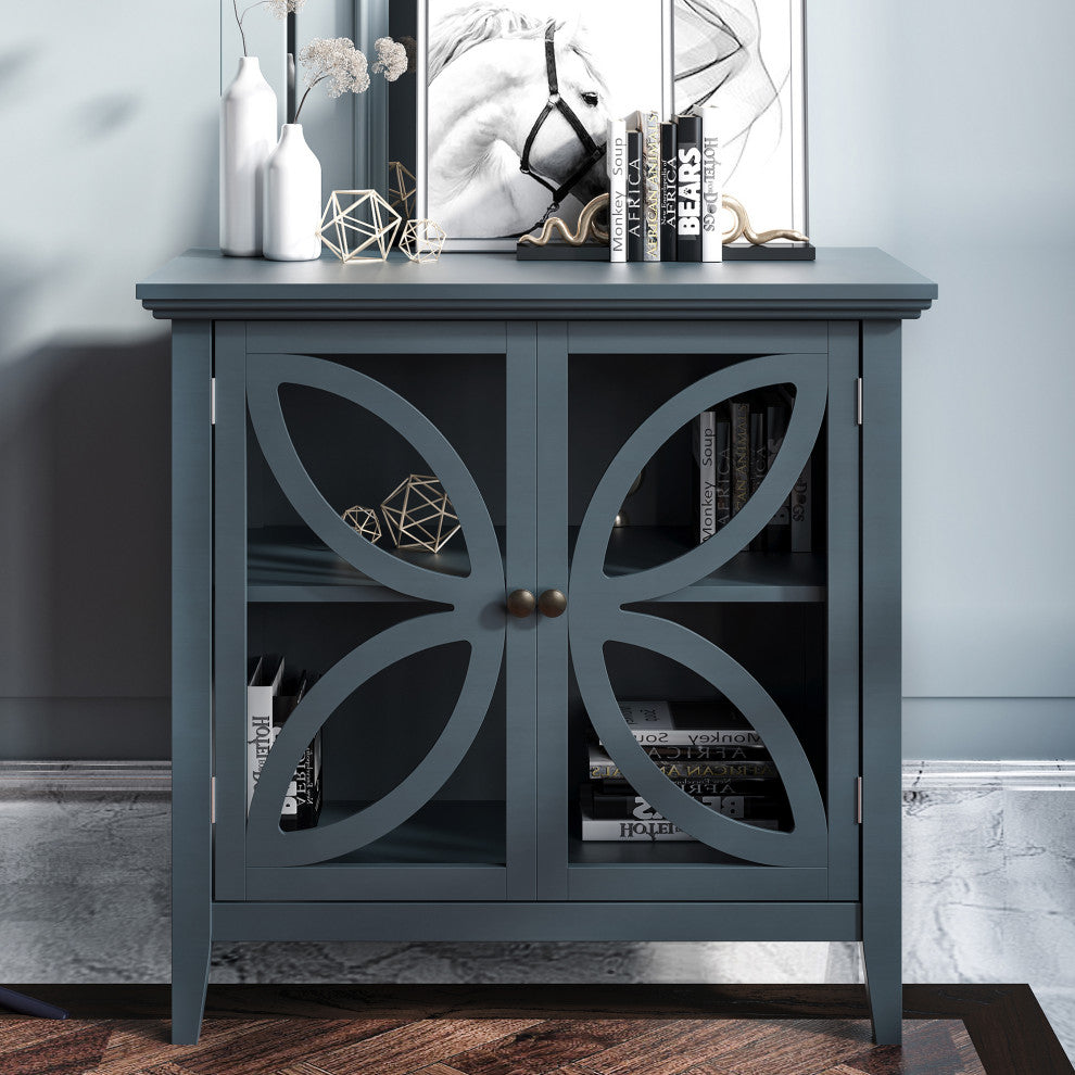 Wood Double Transparent Door Accent Cabinet with Adjustable Shelf, Navy Blue, 32