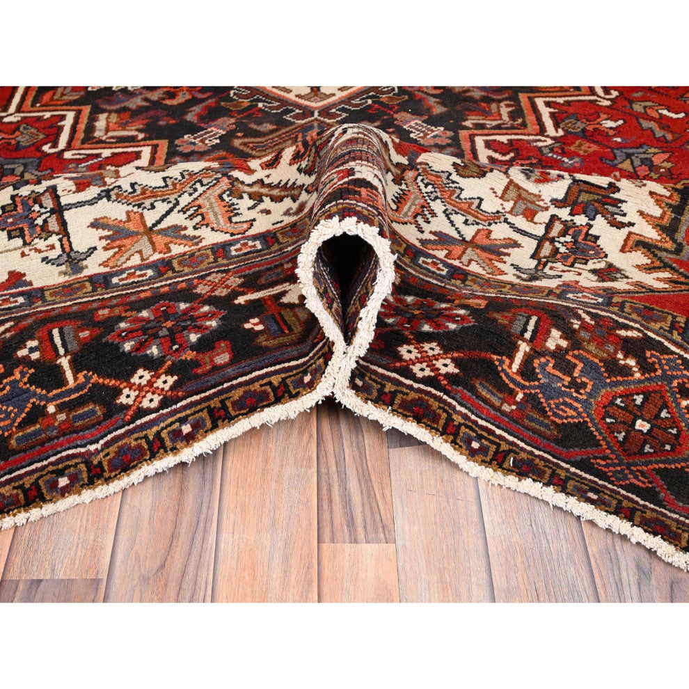 Chili Red Pure Wool Hand Knotted Semi Antique Persian Heriz Rug 8'3"x10'10"