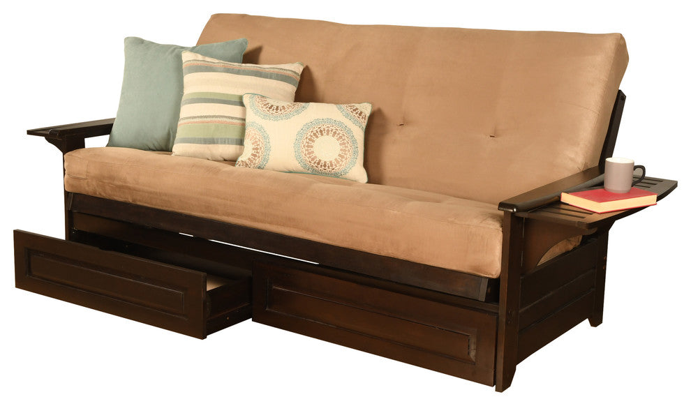 Mesa Frame Futon With Espresso Finish, Storage Drawers, Suede Peat