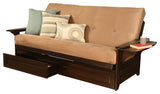 Mesa Frame Futon With Espresso Finish, Storage Drawers, Suede Peat