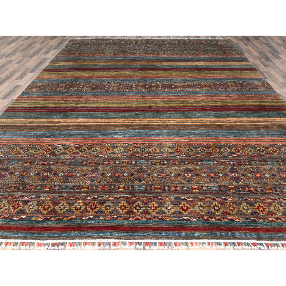 Colorful Afghan Super Kazak Wool Hand Knotted Oriental Rug, 9'10"x13'2"