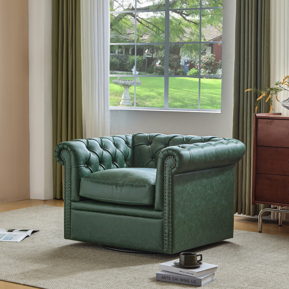 GDF Studio 360Â° Upholstered Tufted Swivel Club Chair, Green, Faux Leather
