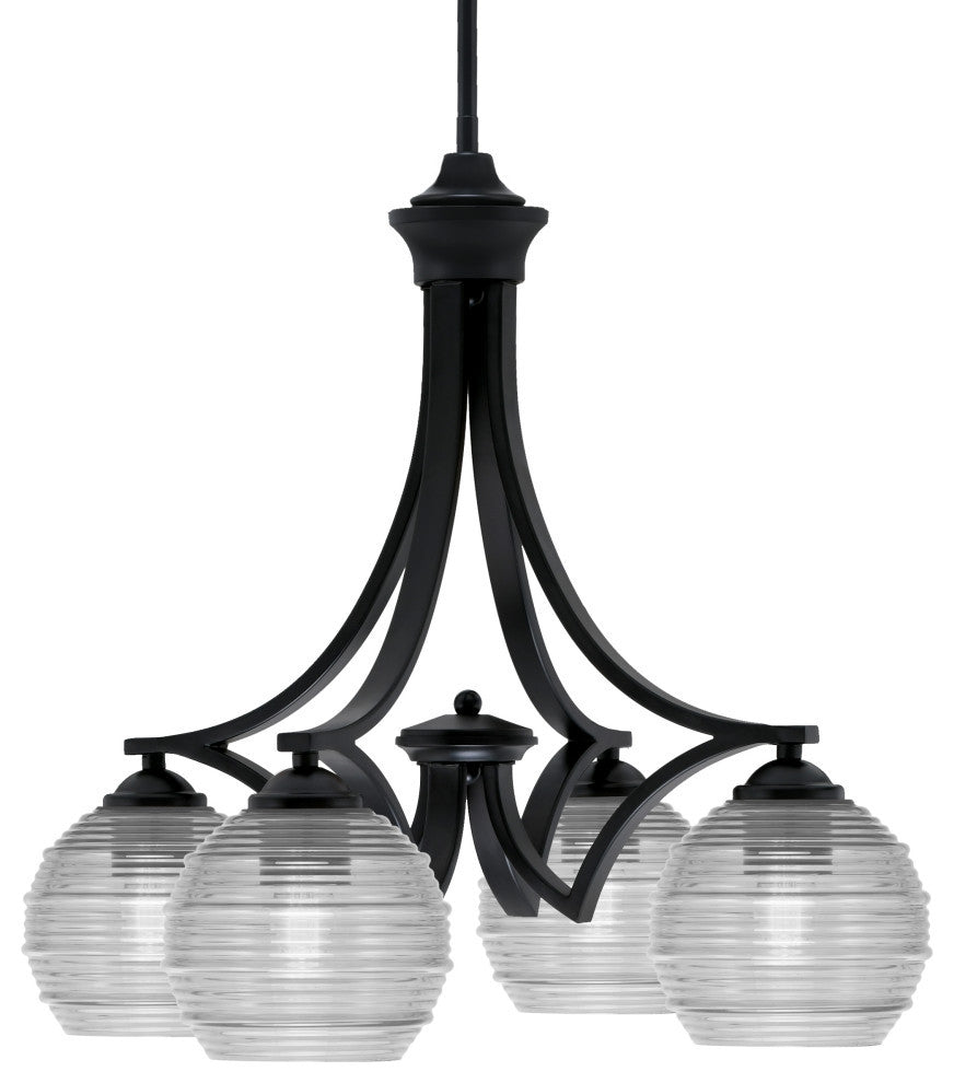 Zilo Downlight, 4 Light, Chandelier, Matte Black Finish, 6" Clear Ribbed Glass