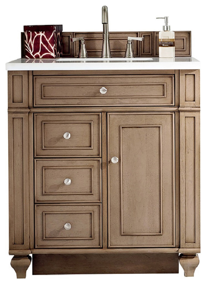 Bristol 30" Single Vanity Whitewashed Walnut, White Zeus Quartz