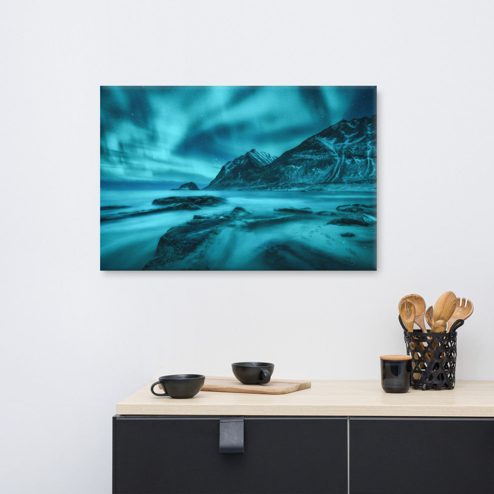 Blue Northern Lights and Mountain Coast Landscape Photo Canvas Wall Art Prints, 24" X 36"